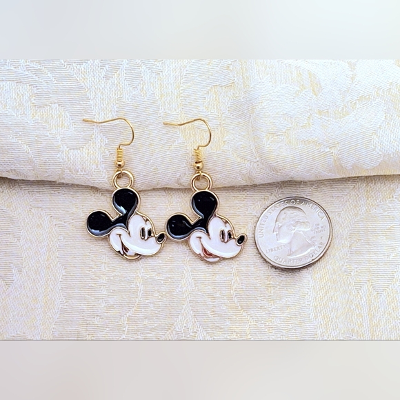 "Mickey Mouse" gold drop dangle earrings on French wires, black red white enamel - Picture 3 of 3